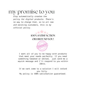 Op de afbeelding: Roze tekst op een witte achtergrond met de woorden "my promise to you". De tekst legt het 100% tevredenheidsgarantiebeleid van de Etsy-winkel uit. Een roze sterbeoordeling en een roze stempel met het woord "Guarantee" zijn inbegrepen.