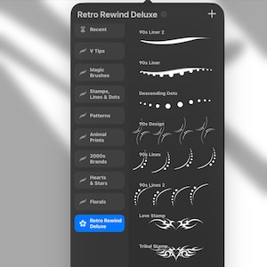 May include: A digital interface with a dark background displays design elements. The interface is labeled "Retro Rewind Deluxe" and features various design categories like "90s Liner," "Stamps," and "Animal Prints." White lines and shapes are shown as examples of the design options.