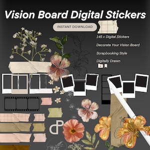 Plus de 145 autocollants numériques réalistes pour scrapbooking - papier vintage, fleurs séchées, polaroïds, ruban adhésif en Washi pour panneaux d'humeur et de vision