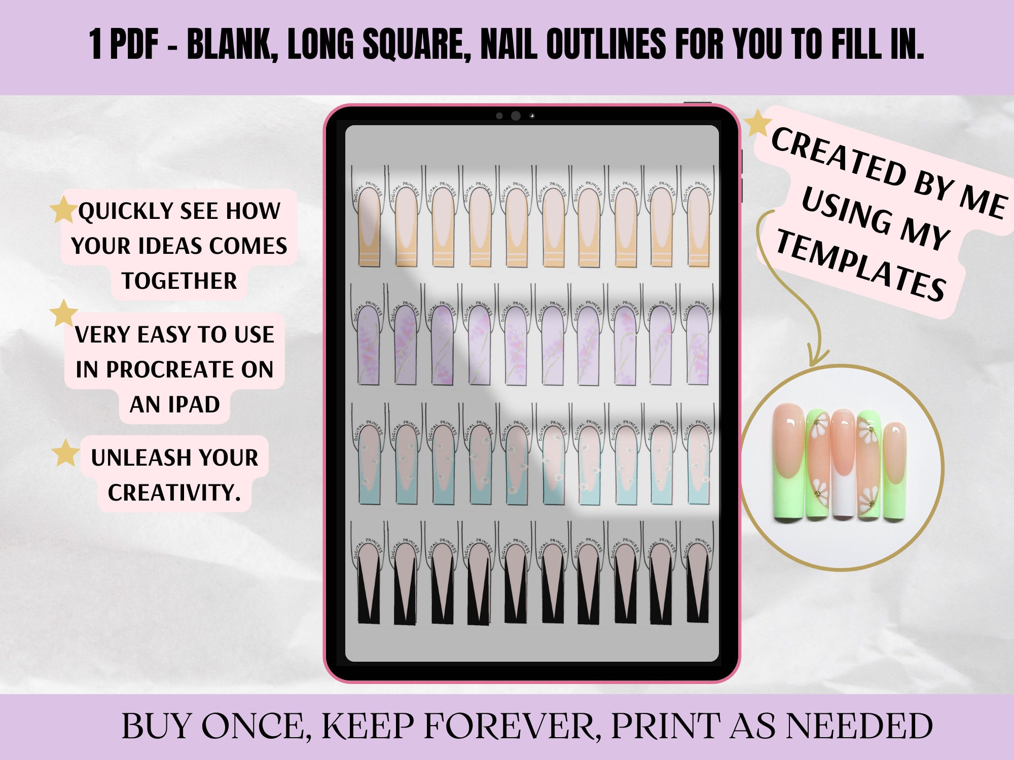 LONG SQUARE Hot Summer Nails Nail Art Practice Template - Etsy