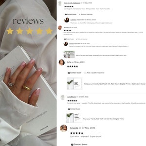 Op de afbeelding: Vijf sterren beoordelingen voor een digitale download van nagelkunst-planningsjablonen. De afbeelding toont een close-up van een hand met witte en lichtroze nagellak met een witte tip. De hand draagt een gouden ring met een heldere steen. De afbeelding toont ook een screenshot van de Etsy-beoordelingen.