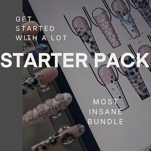 May include: A nail art starter pack with the text "GET STARTED WITH A LOT STARTER PACK MOST INSANE BUNDLE". The image shows several long, decorated acrylic nails in various designs, including floral and abstract patterns.