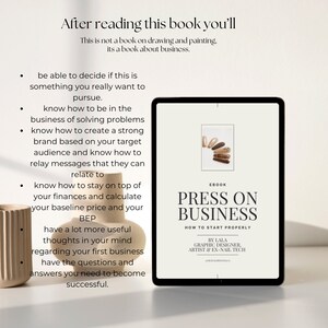 Op de afbeelding: Een digitale ebook-omslag met de titel "Press On Business: How To Start Properly" door Lala, Grafisch Ontwerper, Kunstenaar & Ex-Nagelstyliste. De omslag heeft een lichtbruine achtergrond met een witte tablet waarop de titel en auteursinformatie wordt weergegeven. De tablet ligt op een wit oppervlak.