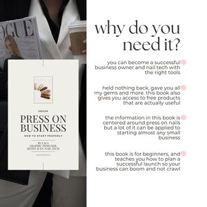 Op de afbeelding: Ebook-omslag met de titel "Press On Business: How To Start Properly" door Lala, Grafisch Ontwerper, Kunstenaar & Ex-Nagelstyliste. De omslag heeft een witte achtergrond met een roze cirkel en de tekst "Why do you need it?" in zwart. De tekst onder de cirkel legt de voordelen van het ebook uit, waaronder toegang tot gratis producten en tips voor het starten van een succesvol bedrijf.