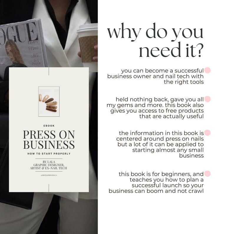 Op de afbeelding: Ebook-omslag met de titel "Press On Business: How To Start Properly" door Lala, Grafisch Ontwerper, Kunstenaar & Ex-Nagelstyliste. De omslag heeft een witte achtergrond met een roze cirkel en de tekst "Why do you need it?" in zwart. De tekst onder de cirkel legt de voordelen van het ebook uit, waaronder toegang tot gratis producten en tips voor het starten van een succesvol bedrijf.