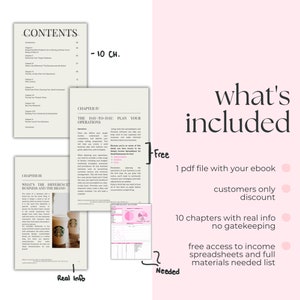 Op de afbeelding: Een roze en witte afbeelding met de tekst "what's included" en een lijst met items die zijn inbegrepen in een digitaal product. De lijst bevat een PDF-ebook, 10 hoofdstukken met echte informatie en gratis toegang tot inkomstenspreadsheets en een volledige lijst met benodigde materialen.