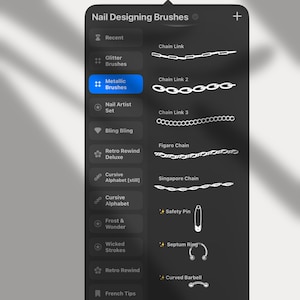 May include: A digital interface for nail art design brushes. The screen displays various brush categories, including glitter, metallic, and retro rewind deluxe. The right side shows chain link, figaro chain, safety pin, and septum ring designs.