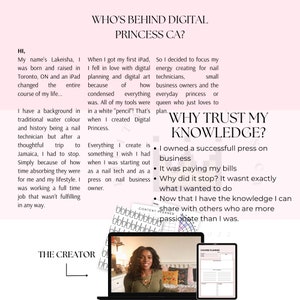 Op de afbeelding: Een roze en witte grafiek met de tekst "WHO'S BEHIND DIGITAL PRINCESS CA?" en "WHY TRUST MY KNOWLEDGE?" De grafiek toont een vrouw met donker haar en een lichtgekleurd shirt voor een laptopscherm. De tekst op de grafiek beschrijft de reis van de vrouw van nagelstyliste tot digitale ondernemer.