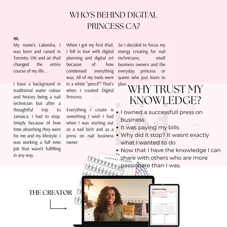 Op de afbeelding: Een roze en witte grafiek met de tekst "WHO'S BEHIND DIGITAL PRINCESS CA?" en "WHY TRUST MY KNOWLEDGE?" De grafiek toont een vrouw met donker haar en een lichtgekleurd shirt voor een laptopscherm. De tekst op de grafiek beschrijft de reis van de vrouw van nagelstyliste tot digitale ondernemer.