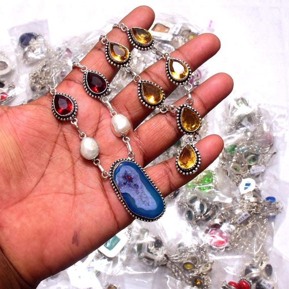 Mix Gemstone Sterling Silver Plated Necklaces: Wholesale Bulk Lot