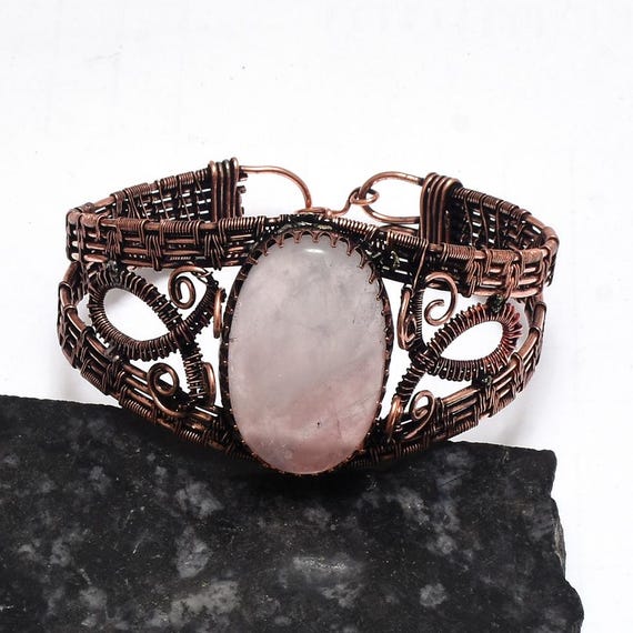 Rose Quartz Copper Wire Wrapped Bracelet: Handmade Gemstone Jewelry