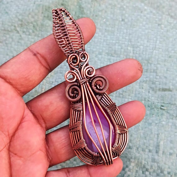 Crezy Lace Agate Copper Wire Wrapped Pendant: Handmade Ethnic Jewelry
