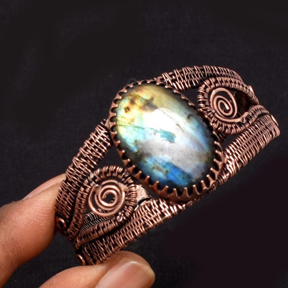Copper Labradorite Gemstone Copper Wire Wrapped Handmade Jewelry Bracelet B-01