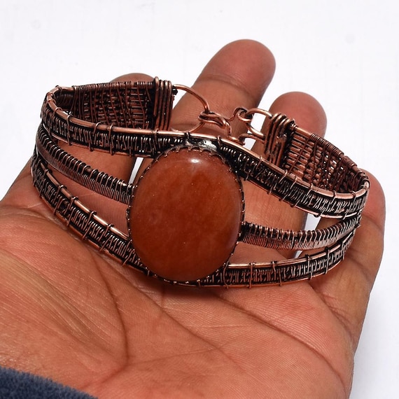 Orange Cabochon Gemstone Copper Wire Wrapped Bracelet