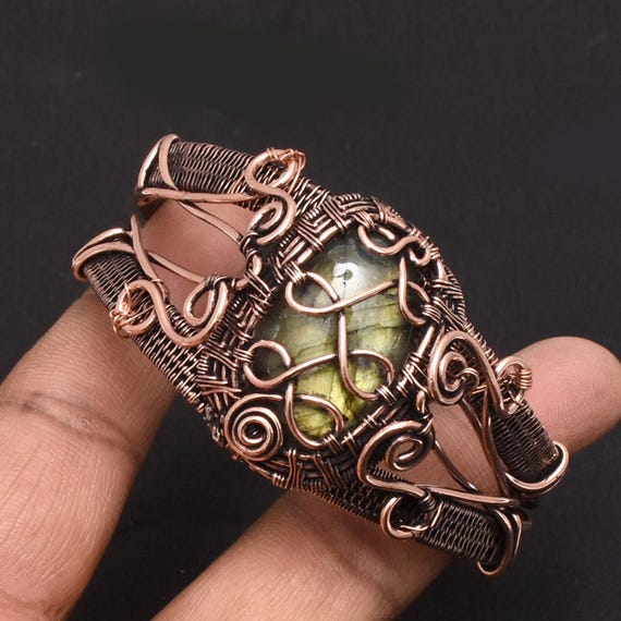 Labradorite Gemstone Copper Wire Wrapped Bracelet: Handmade Ethnic Jewelry
