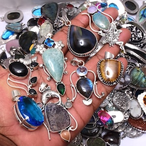 BULK SALE ! 200 Mix Gemstone Pendants Wholesale Lot 925 Sterling Silver Plated Pendant