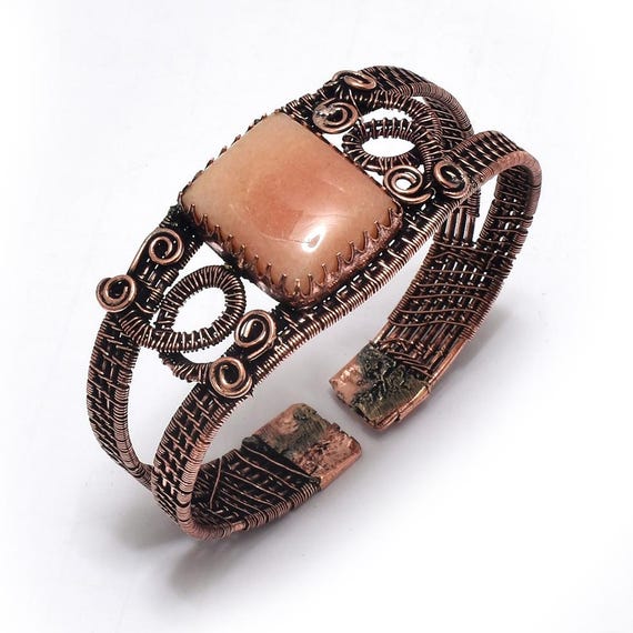 Morganite Gemstone Copper Wire Wrapped Bracelet: Handmade Jewelry Gift