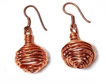 Handmade Copper Wire Wrapped Dangle Earrings, Boho Spiral Jewelry