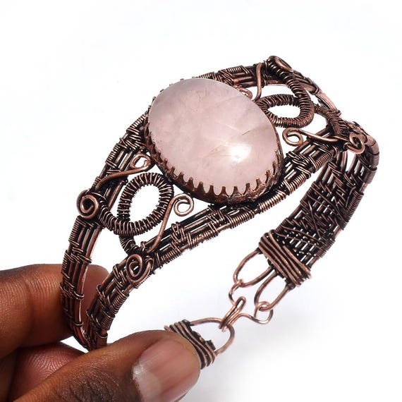 Rose Quartz Copper Wire Wrapped Bracelet: Handmade Gemstone Jewelry