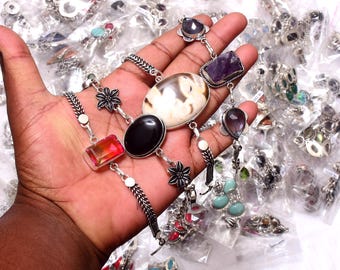 Lote al por mayor de pulseras de piedras preciosas: chapadas en plata de ley 925, multicolor.