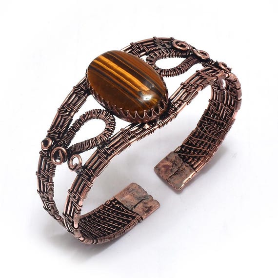 Tiger Eye Gemstone Copper Wire Wrapped Bracelet - Handmade Ethnic Style