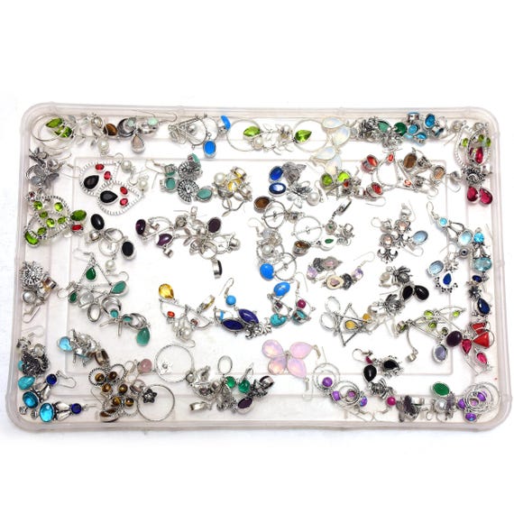 Gemstone Earrings Wholesale Bulk Lot: 925 Sterling Silver Plated, Multicolor