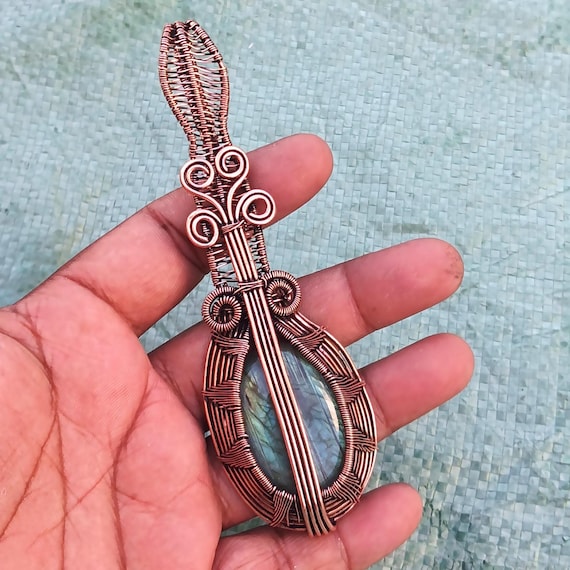 Labradorite Gemstone Copper Wire Wrapped Pendant – Handmade Ethnic Jewelry