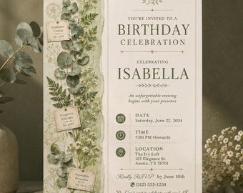Botanical Herbarium Birthday Invitation Template, Elegant Sage Green Floral Adult Women Party Invite, Editable Canva Digital Download