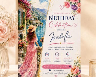 Lake Como Verjaardagsuitnodiging, Aquarel Italiaanse Villa Feestkaart, Bewerkbare Canva Reisuitnodiging voor Vrouwen Digitaal Printbaar
