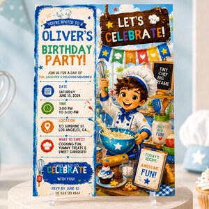 Pode incluir: Um cartão de convite de aniversário com um chef de desenho animado de chapéu branco misturando massa em uma tigela azul. O texto diz: You're invited to Oliver's birthday party, Let's celebrate, Tiny chef big dreams, Today's recipe: A wesome fun!