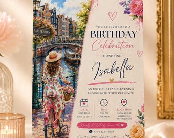 Amsterdam Canal Birthday Invitation Template, Watercolor Adult Party Invite, Editable Travel Canva Invite for Women, Netherlands Boho Floral