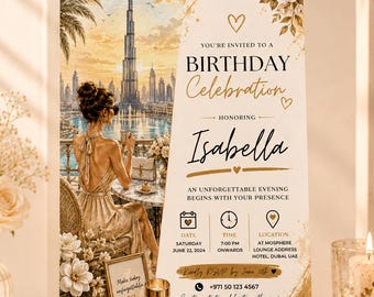 Dubai Skyline Birthday Invitation Template, Editable Women Adult Luxury Party Invite, Gold City Digital Canva Printable Instant Download