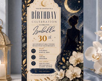 Convite Celestial para Festa de Aniversário de 30 Anos, com Tema Lua Dourada e Orquídeas em Azul Marinho para Mulheres, Modelo Digital Editável no Canva
