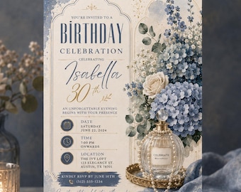 Blue Hydrangea 30th Birthday Invitation Template, Elegant Floral Adult Party Invite for Women, Editable Canva Instant Download