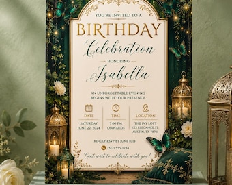 Emerald Butterfly Garden Birthday Invitation Template, Elegant Adult Party Invite, Editable Canva Celebration, Instant Download Digital