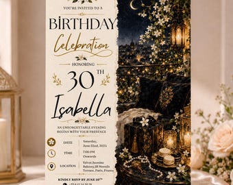 Bewerkbare 30e Verjaardagsuitnodiging Canva Sjabloon, Zwart Goud Jasmijn Balkon Feest, Elegante Digitale Download Kaart Parijs Nacht