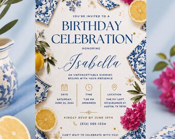 Mediterranean Tile Birthday Invitation Template, Editable Women Adult Party Invite, Citrus Lemon Digital Canva Printable Instant Download