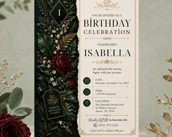 Invitación de cumpleaños botánica esmeralda, plantilla Canva editable, invitación digital floral femenina, descarga rápida
