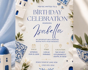Santorini Verjaardagsuitnodiging, Blauw Witte Mediterrane Feestkaart, Bewerkbare Griekse Eiland Canva Uitnodiging voor Vrouwen