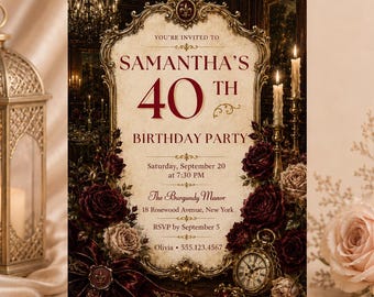 Burgundy Gothic 40th Birthday Invitation Template, Editable Women Party Invite, Baroque Manor Rose Digital Canva Printable, Instant Download