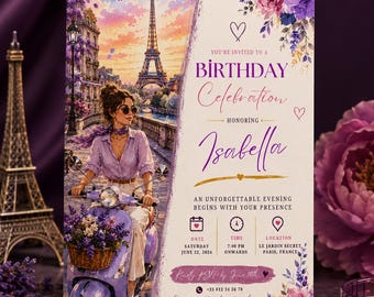 Convite Aniversário Paris, Modelo Canva Editável, Torre Eiffel Scooter Lavanda Floral, Convite Digital Feminino PDF Elegante Download Chic