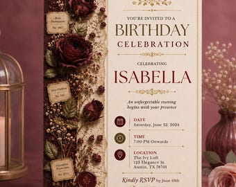 Dark Burgundy Floral Birthday Invitation Template, Editable Women Adult Party Invite, Vintage Rose Digital Canva Printable Instant Download