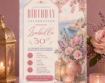 Edytowalne zaproszenie na 30 urodziny, różowe kwiaty i nadmorski motyw, zaproszenie Canva dla kobiety pastel