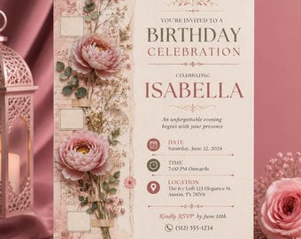 Vintage Floral Birthday Invitation Template, Editable Women Adult Party Invite, Blush Peony Digital Canva Printable Instant Download
