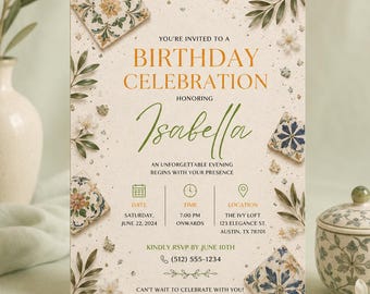 Mediterranean Citrus Birthday Invitation Template, Editable Women Adult Party Invite, Orange Lemon Digital Canva Printable Instant Download