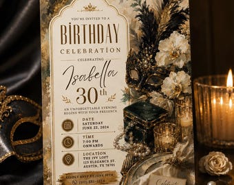 Masquerade Birthday Invitation Template, Editable Canva Birthday Invite, Black Gold Elegant 30th Birthday Party Invitation Download
