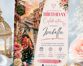 Venice Birthday Invitation Template, Editable Women Adult Party Invite, Italian Gondola Floral Digital Canva Printable Instant Download