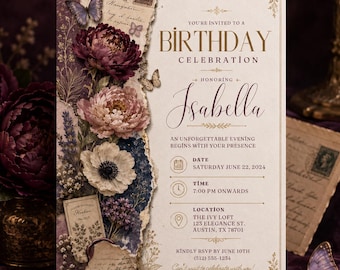 Vintage Floral Birthday Invitation Template, Peony Butterfly Botanical Birthday Invite, Elegant Women's Party Canva Editable Download