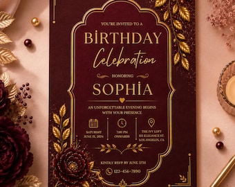 Burgundy Gold Birthday Invitation Editable Canva Template, Luxury Floral Adult Woman Party Invite, Elegant Digital Printable Download Card