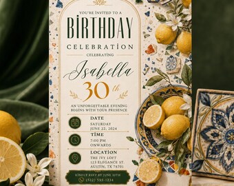 Modelo Convite de Aniversário Limão, Convite Cítrico Azulejo Italiano, 30º Aniversário Mediterrâneo Editável no Canva